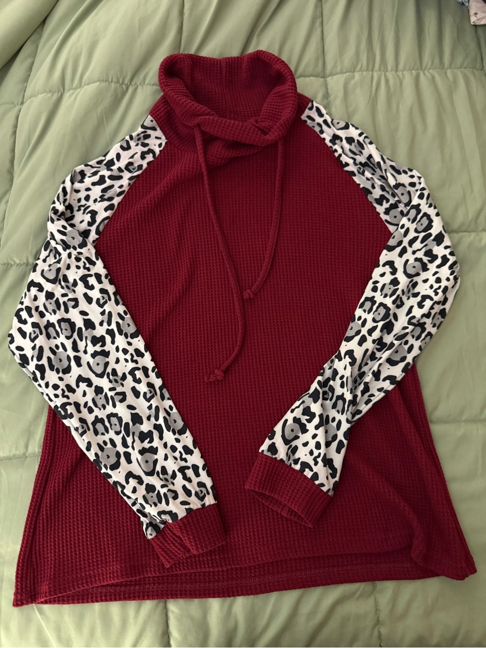 Burgundy Waffle Knit Turtleneck with Black-and-White Leopard Sleeves